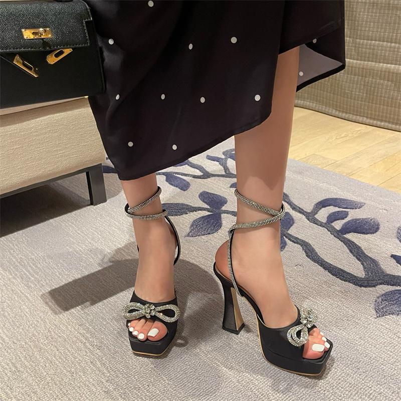 2023 Fashion Runway Rhinestone Ankle Strap High Heels Women's Sandals Crystal Bow Open Toe Platform Thick Party Dance Shoes