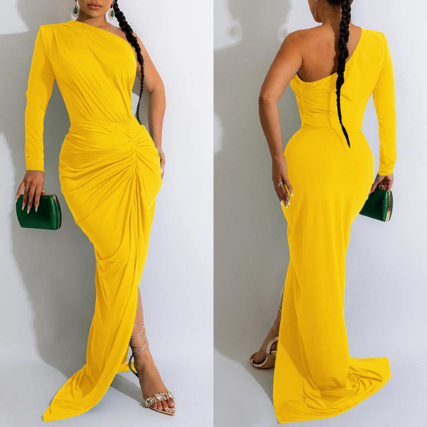X6042 New Ladies Evening Dress Dress Elegant Solid Color Oblique Collar One Piece Long Sleeve Dress Ladies Party Dress