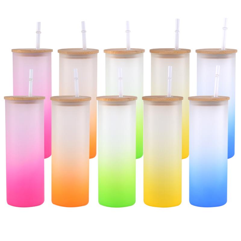US Warehouse 12 Oz 16 Oz 20 Oz 25 Oz 16 Oz Straight Clear Frosted Water Bottle Sublimation Glass Jar Wooden Lid Tumbler Cup