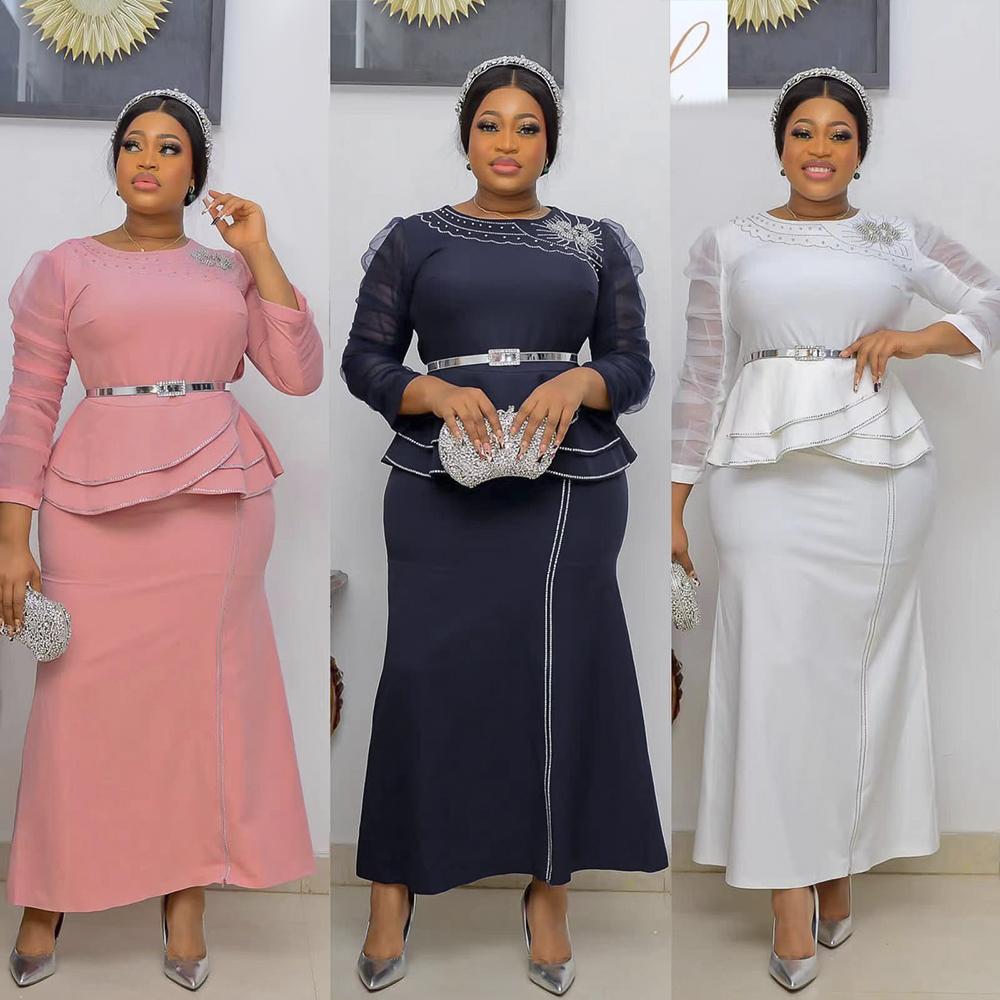 Women's African Clothing Summer Casual Wear With Belt 2-piece Set H & D Plus Size Full Standing Satin