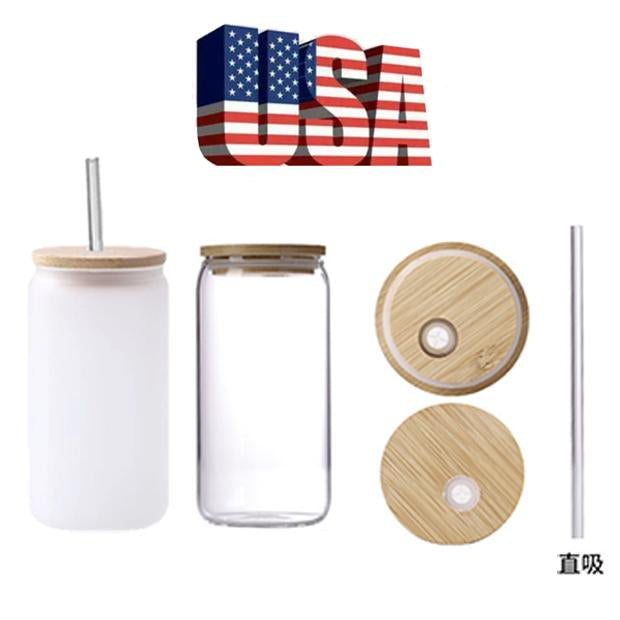 China USA Warehouse 16 Oz Clear Frosted Sublimation Blank Glass Mason Can Beer Can Bamboo Lid Glass Cup