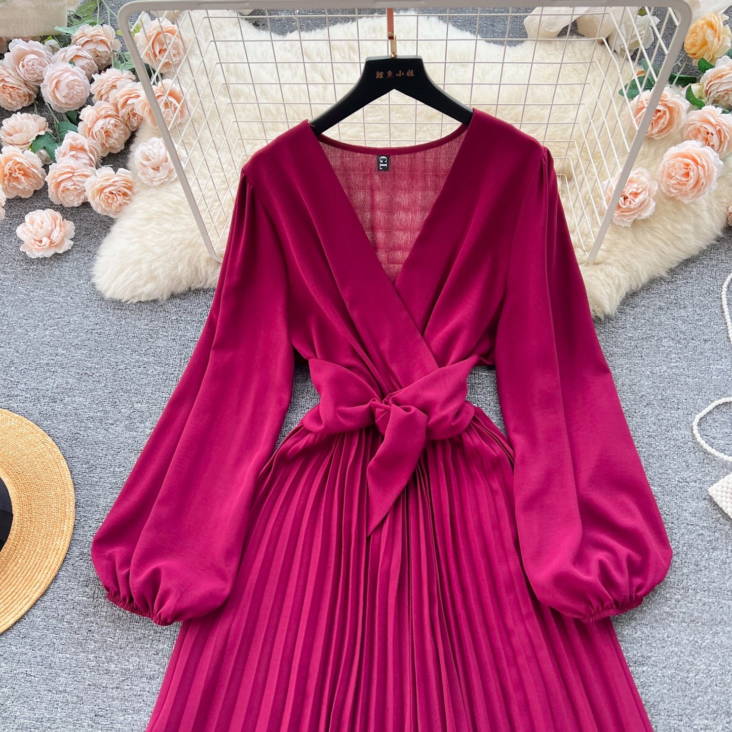 Summer Roman V-neck Tunic Waist Dress Women's Long Lantern Sleeve Empire Lace Dress Red Yellow Purple Black