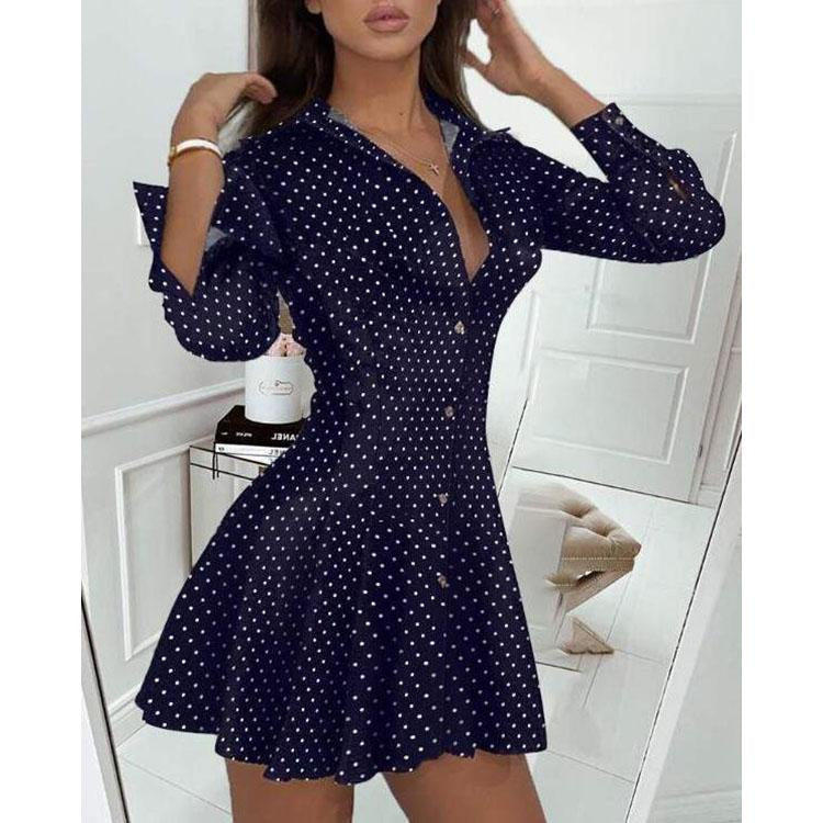 Women's Polka Dot Print Pleated Skirt Clothing Black Long Sleeve Lapel Elegant Mini Women's Clothing