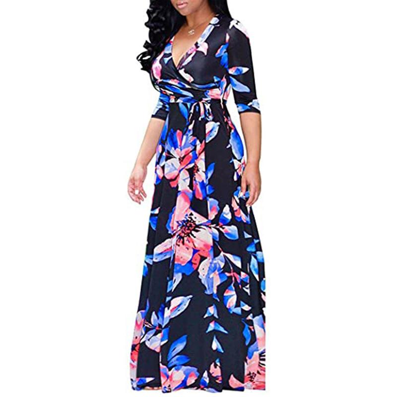 Women's S-5XL Plus Size Printed Long Sleeve Dress Crossover V-Neck Dress Maxi Long Casual Dress