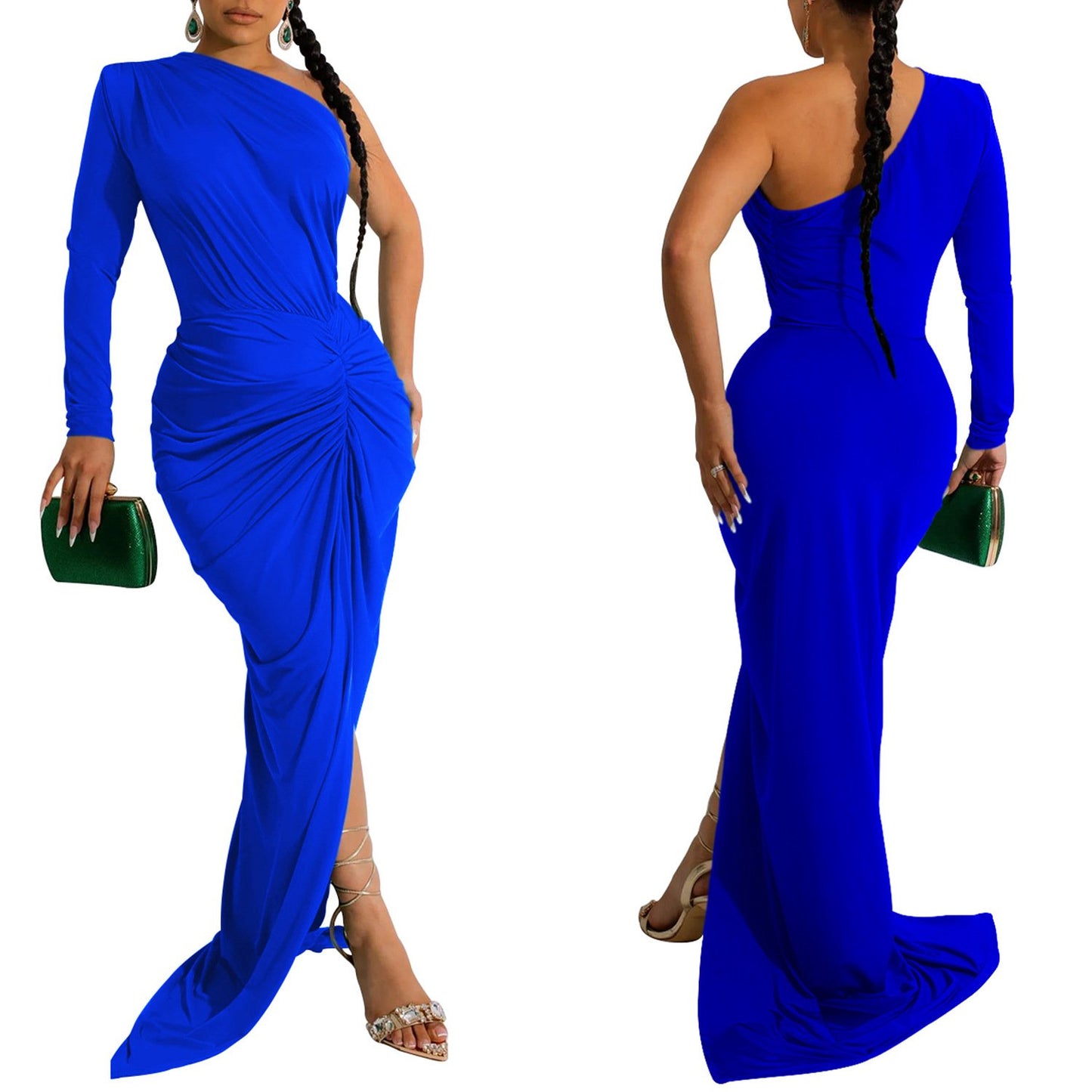 X6042 New Ladies Evening Dress Dress Elegant Solid Color Oblique Collar One Piece Long Sleeve Dress Ladies Party Dress