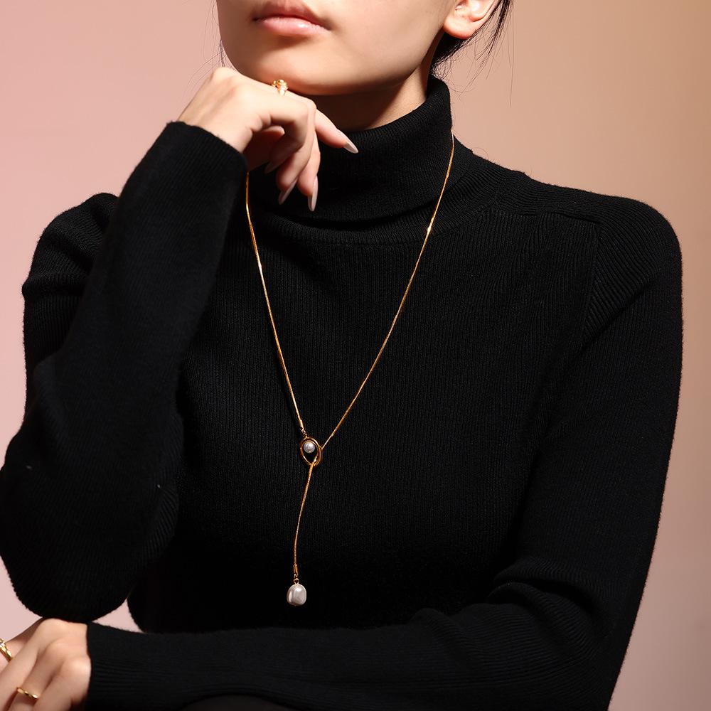 Stainless Steel Simple Long Tassel Pearl Initial Necklace Adjustable Chain Sweater Necklace Party Daily