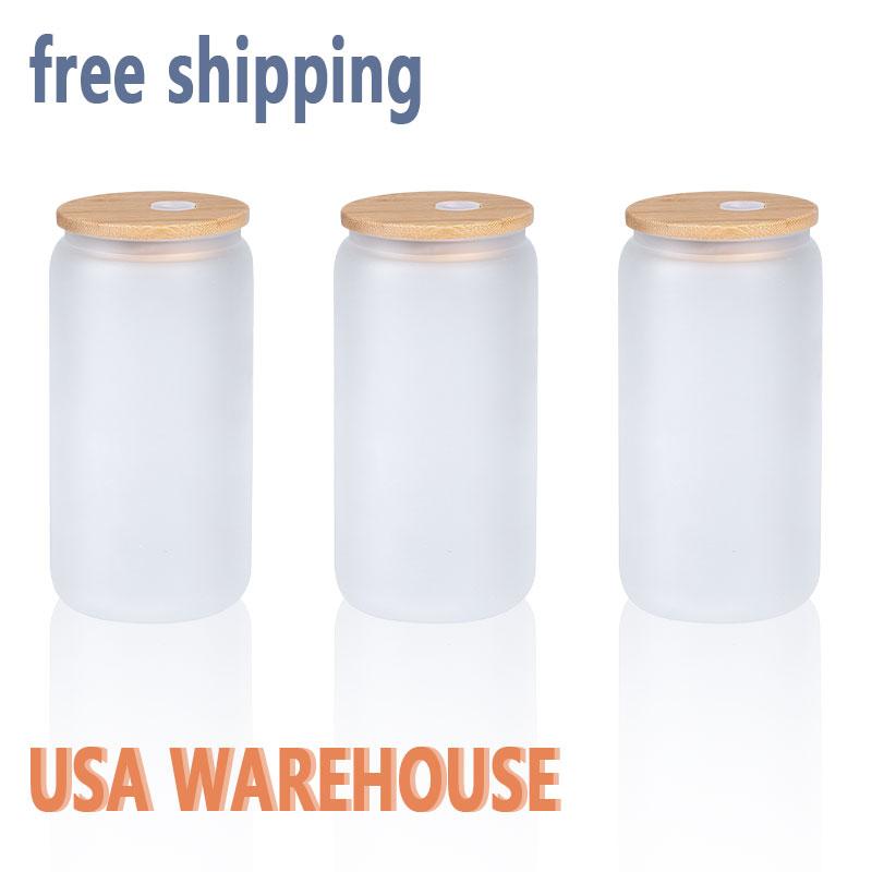 China USA Warehouse 16 Oz Clear Frosted Sublimation Blank Glass Mason Can Beer Can Bamboo Lid Glass Cup