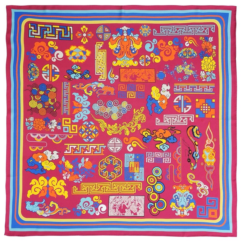 Chinese Traditional Elements Printed Custom Silk Scarf 90*90cm Square Mulberry Silk Scarf Custom Printed Silk Scarf