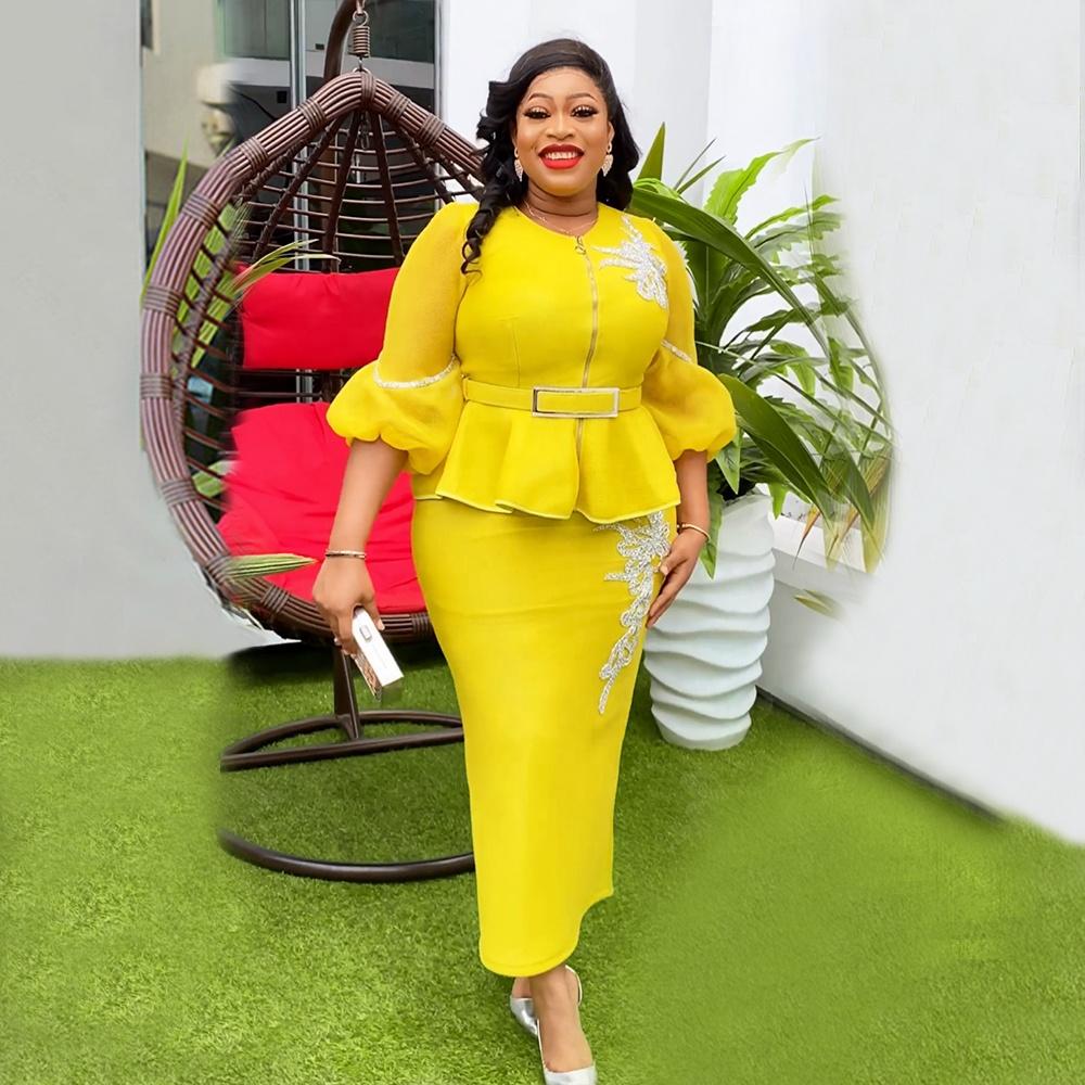 Custom Summer Office Dress Suit Bubble Sleeves H & D African Women Embroidered Slim Fit Suit 2 Piece Set