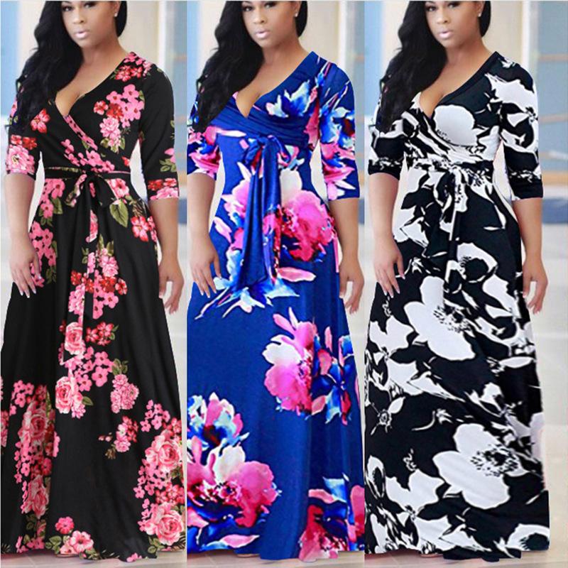 2024 Plus Size Women's Long-sleeved Women's Fat V-neck Printed Lace-up Waist Women's Maxi Skirt Women's Casual Wear
