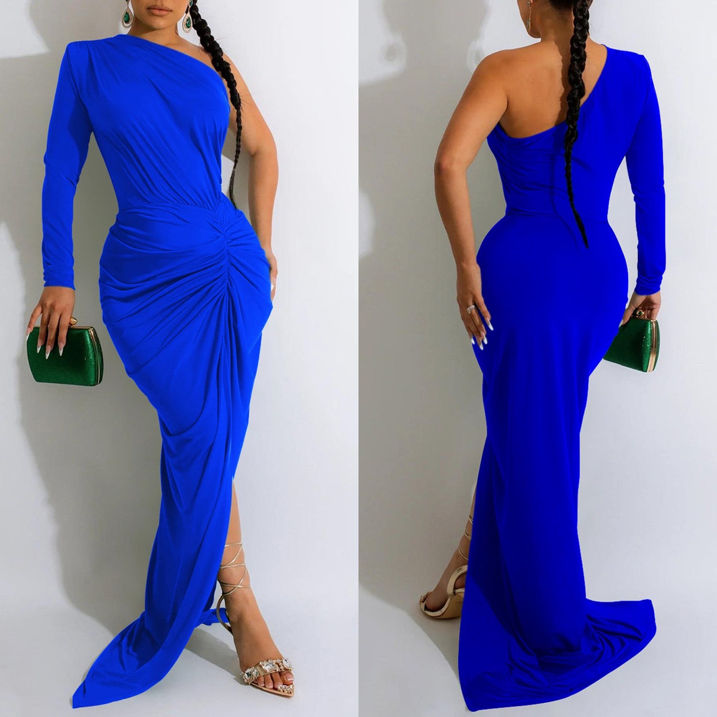 X6042 New Ladies Evening Dress Dress Elegant Solid Color Oblique Collar One Piece Long Sleeve Dress Ladies Party Dress