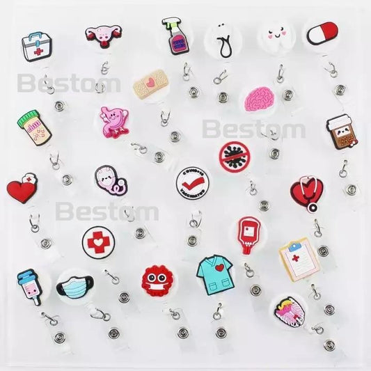 Bestom MOQ 100 32mm Silicone Nurse Accessories Gift ID Card Badge Retractable Reel, Heart-shaped Stethoscope Badge Holder
