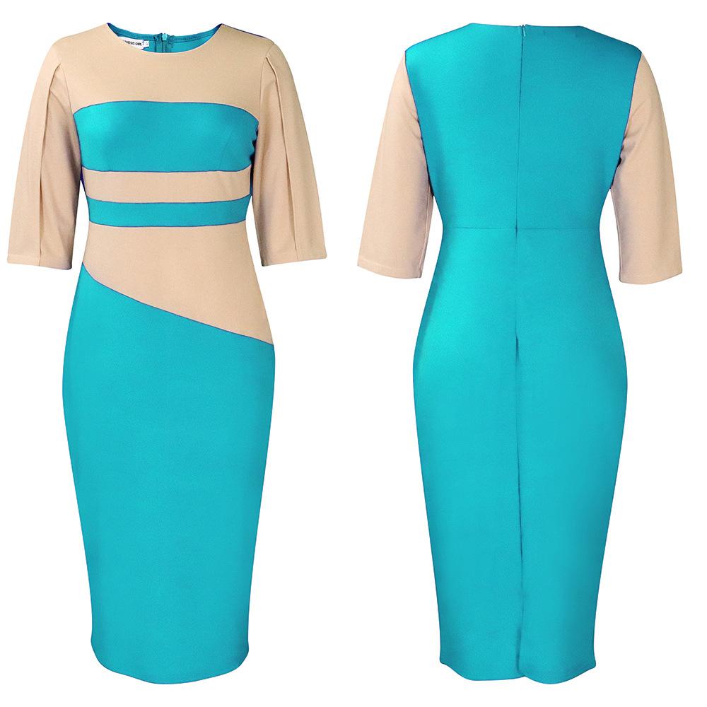 C230240 African Contrast Color Dress Plus Size Half Sleeve Pencil Formal Midi Dress Office Women