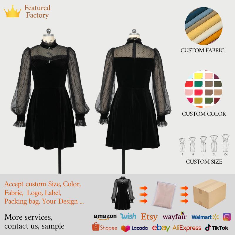 ZYHT 80381 New Long Sleeve Dress Women High Waist Line Lace Velvet Dress Women Unique Fashion Party Elegant Dress