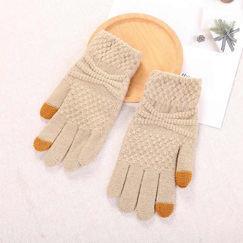 Solid Color Women Touch Screen Cotton Gloves Knitted Wool Gloves Fleece-lined Fleece-lined Thickened Cat Jacquard Gloves Wholesale