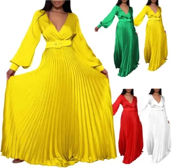 Fashion Women Evening Gown V-neck A Line High Waist Long Sleeve Pleated Maxi Weeding Dress Elegant