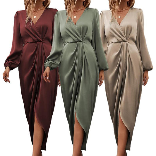 Women's Plus Size Long Puff Sleeve Office Satin Dress Round Neck Pleated Split Evening Gown