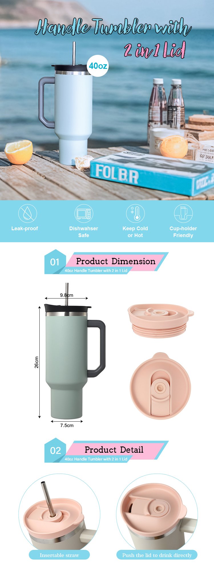 40 Oz Tumbler Double Wall 304 Stainless Steel Insulated Wide Mouth Car Tumbler Cup With New Handle And Straw Cover Vacuum Car Cup