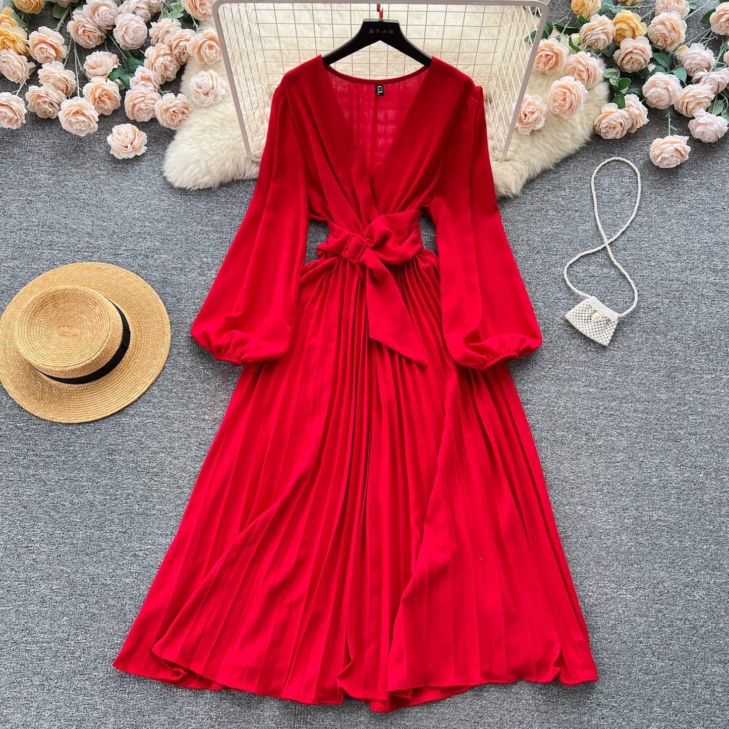 Summer Roman V-neck Tunic Waist Dress Women's Long Lantern Sleeve Empire Lace Dress Red Yellow Purple Black