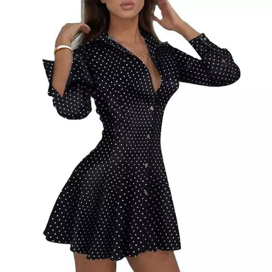 Women's Polka Dot Print Pleated Skirt Clothing Black Long Sleeve Lapel Elegant Mini Women's Clothing