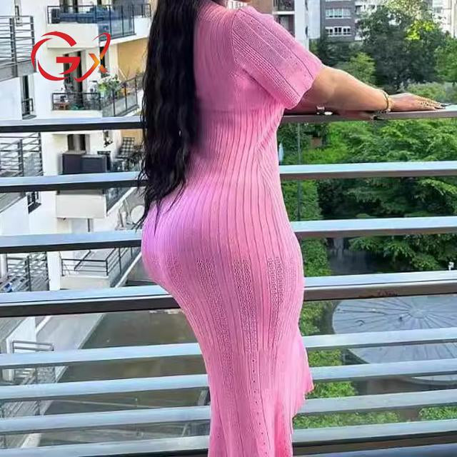 GX3145 New 2024 Summer Wholesale Women's Short Sleeve Elegant Knitted Tight Dress Wrap Midi Dress