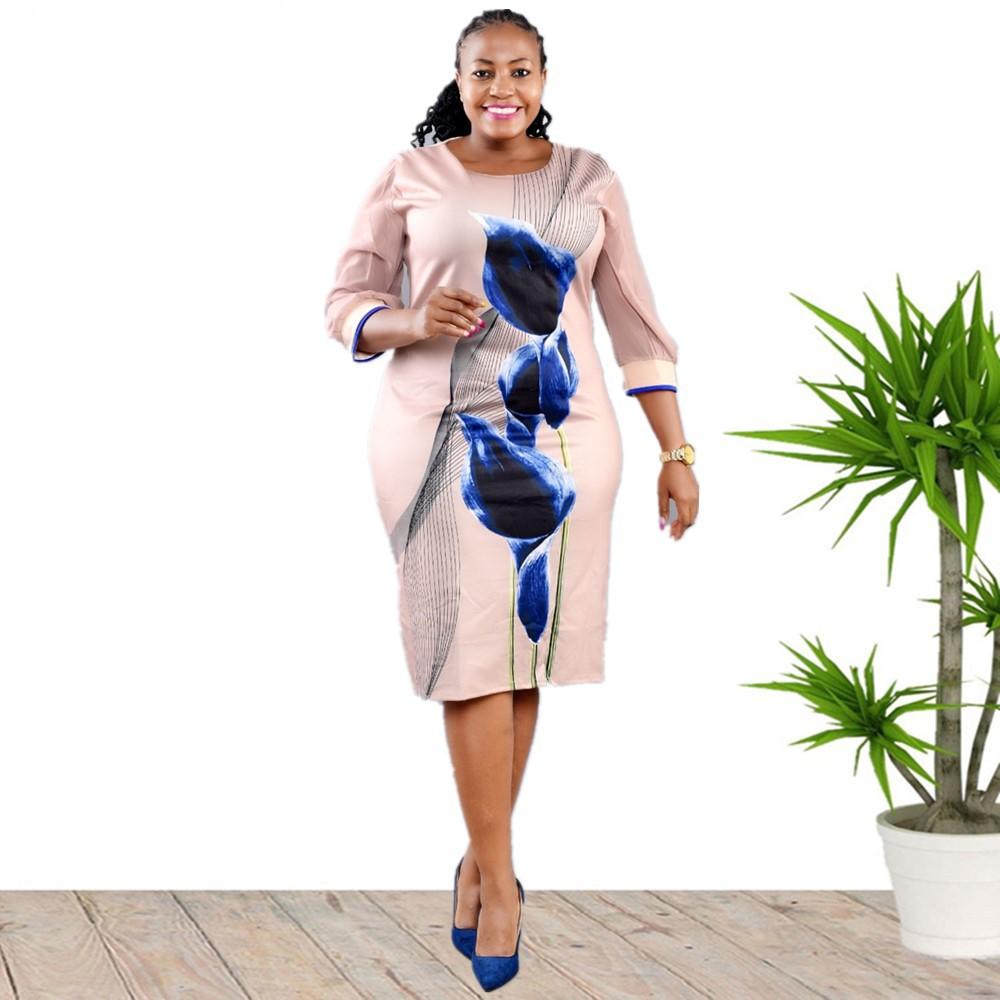 African Women Plus Size Dress O Collar 3/4 Sleeve Printed Office Dress Women's Pencil Midi Dress