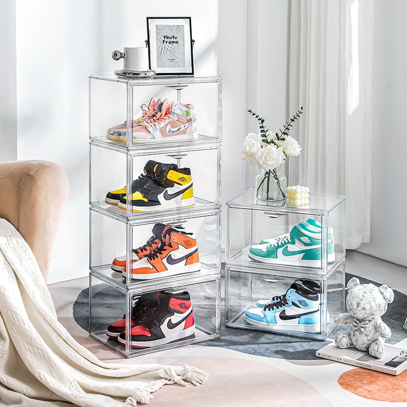 Side Opening Hanging Door Stable Stackable Simple Assembly Custom Sneaker Folding Transparent Shoes Storage Box With Magnetic Door