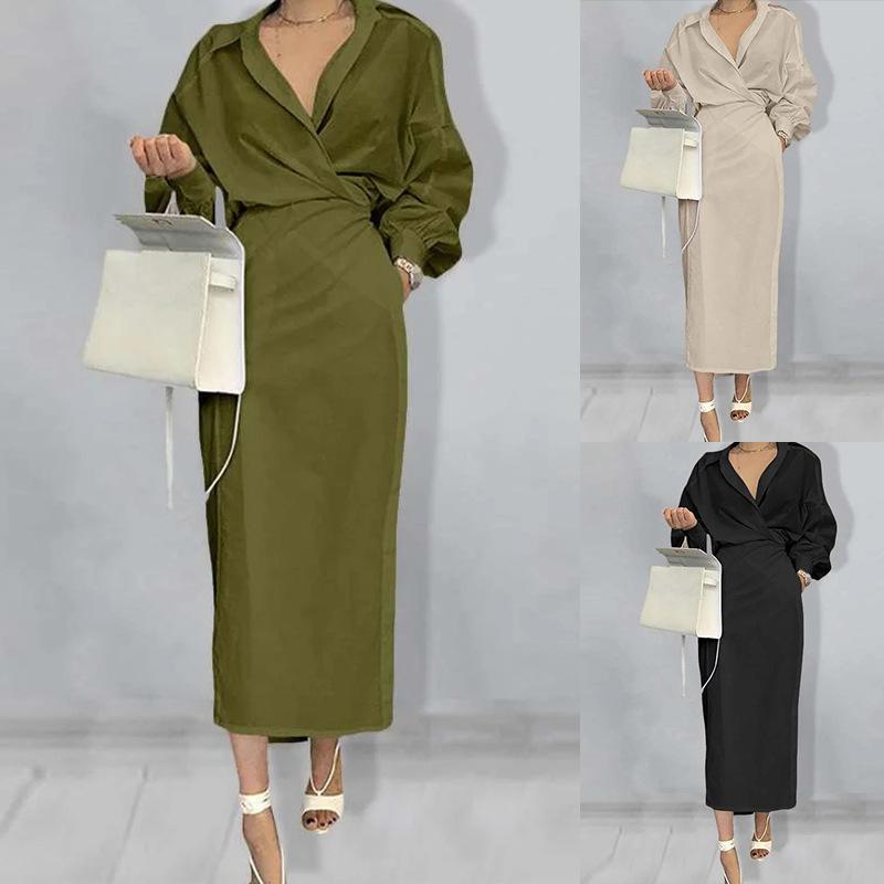 HY 2023 Spring Women's New Solid Color Elegant Long Sleeve Casual Commuting Dress
