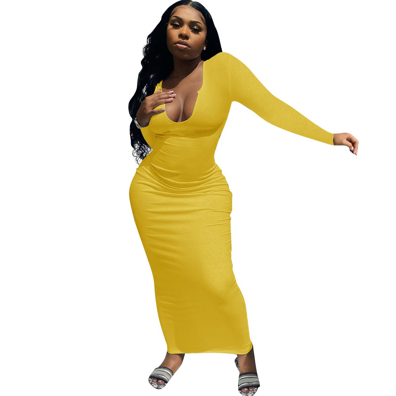 Wholesale Women's Deep V-neck Slim-fit Sexy Long Sleeve Dress Women's Summer Clothes Women's Casual Dress
