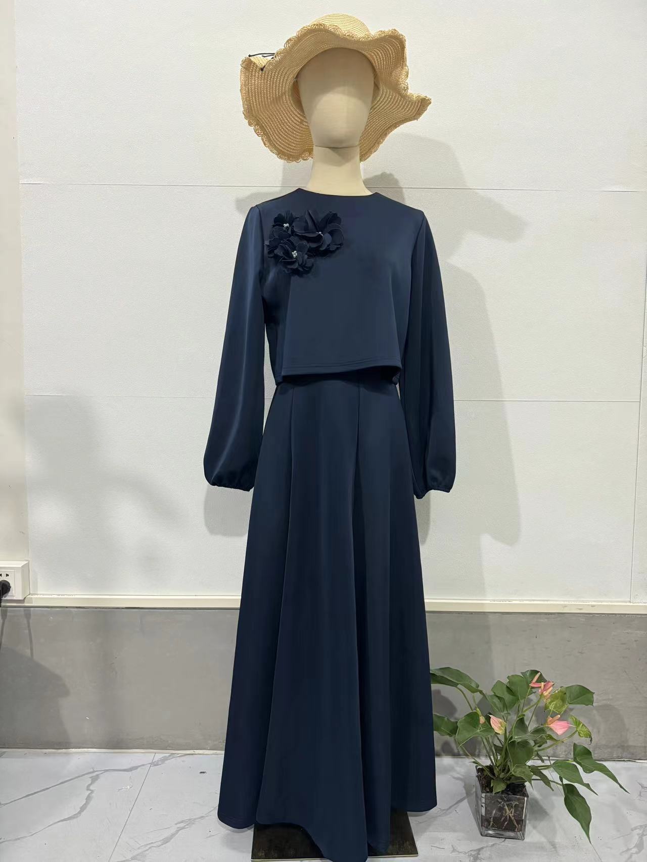 Wholesale Fashion Elegant Moderation Islamic Clothing Two-Piece Muslim Women Casual Shirt Floral Lantern Sleeve Loose Dress Suit