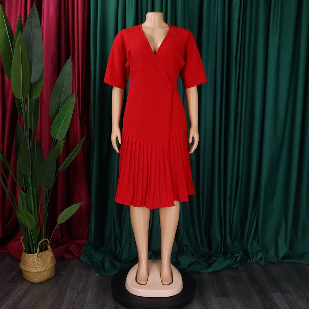 Latest Design Custom V-neck Waist Fashion Short Sleeve Pleated Irregular Tight Fashion Casual Dress