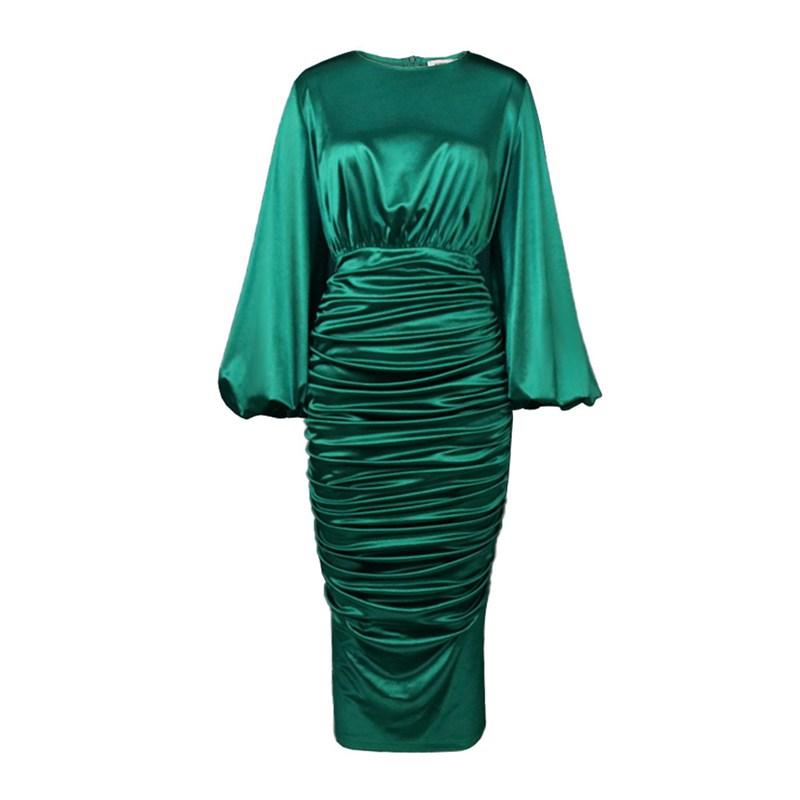 Y307044 Pleated Green Satin Dress Long Puff Sleeve High Waist Soft Midi Banquet Party Plus Size Women's Clothing