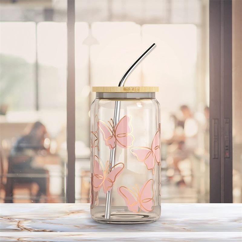 UV Printing 16 Oz 20 Oz 25 Oz Soda Beer Can Shaped Glass Juice Milk Drinking Glass With Bamboo Lid And Straw For Christmas