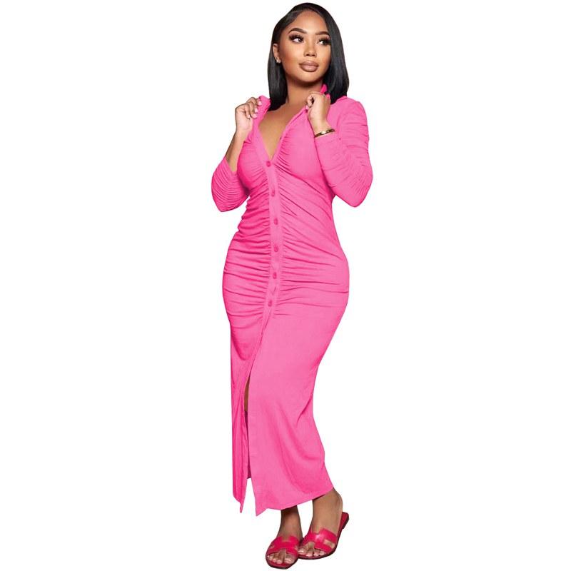 Y212040 Elegant Casual Women's Clothing Autumn And Winter Casual Pleated Solid Long Dress Button Long Sleeve Sexy Dress