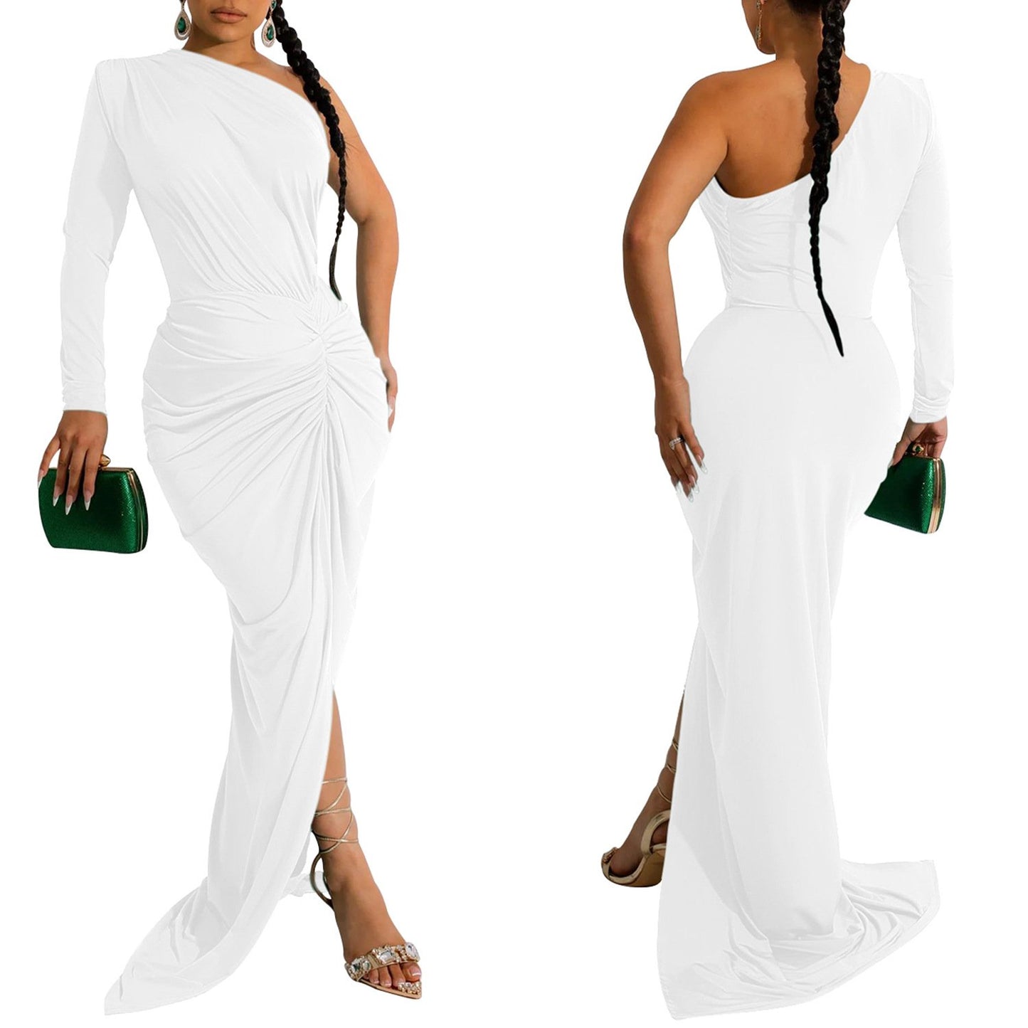X6042 New Ladies Evening Dress Dress Elegant Solid Color Oblique Collar One Piece Long Sleeve Dress Ladies Party Dress