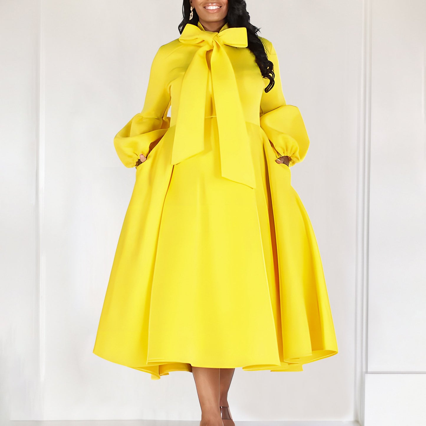 New Women's Elegant Elegant Women's Puff Cuff Large Skirt High Waist Women's Office Dress