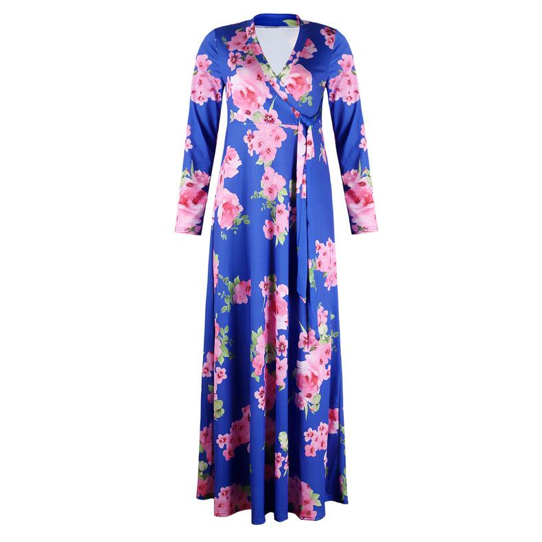 2024 Plus Size Women's Long-sleeved Women's Fat V-neck Printed Lace-up Waist Women's Maxi Skirt Women's Casual Wear