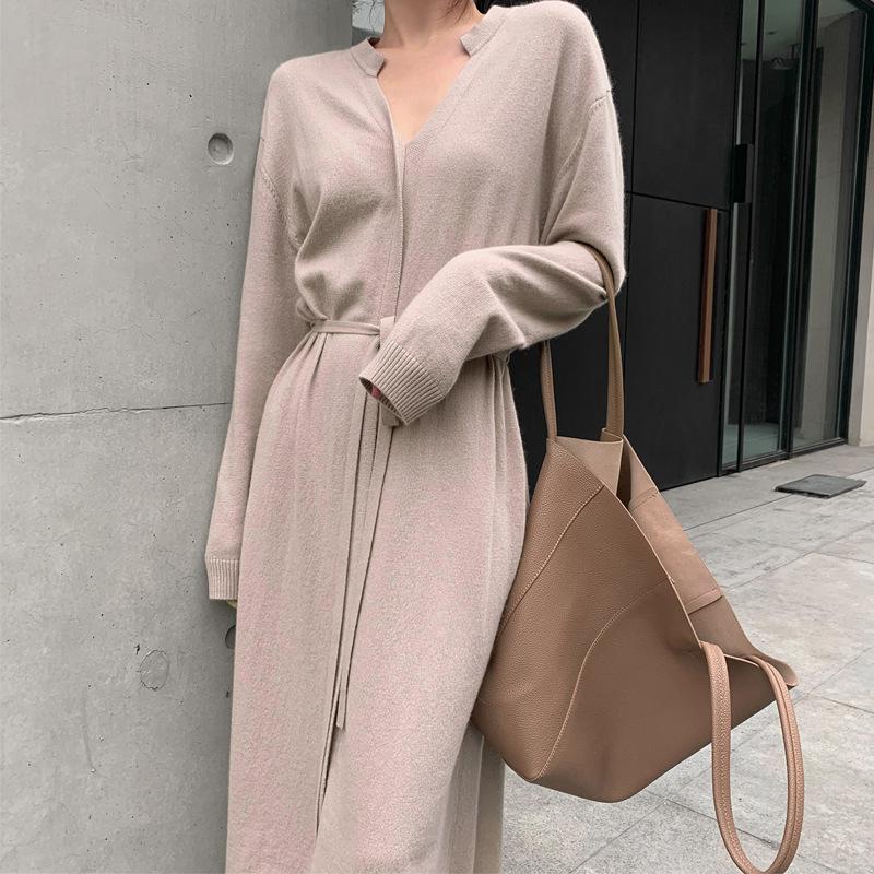 Wholesale 2021 Autumn New Fashion Simple Temperament Thin Solid Color Knee Drawstring Waist Knitted Dress