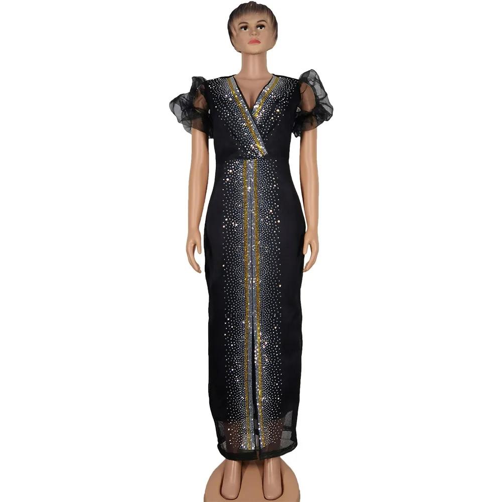 Fashion African Sequins Women Elegant Women Evening Dress 2022 Short Sleeve V-Neck Diamond Maxi Dress