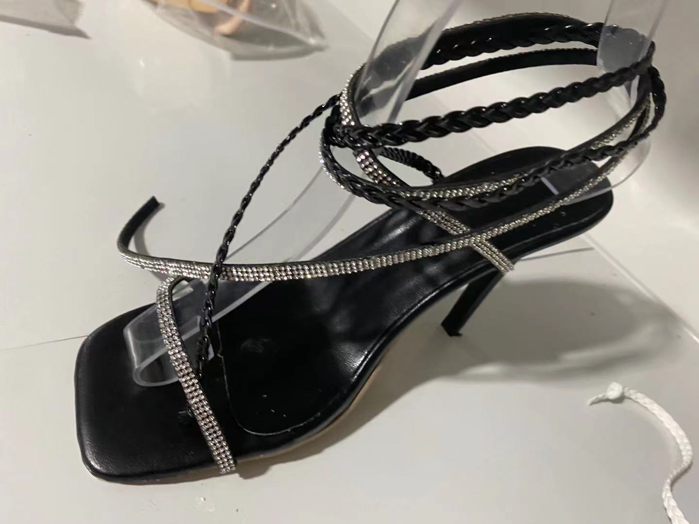 Summer Fashion Rhinestone Woven Square Toe Stiletto Heels Open Toe Strap Ankle Strap Sandals High Heels Women