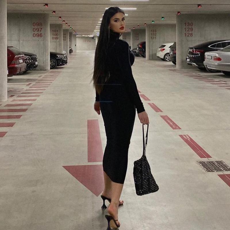Women's Autumn New Fashion Solid Color Slim High Collar Long Sleeve Elegant Dress Wholesale