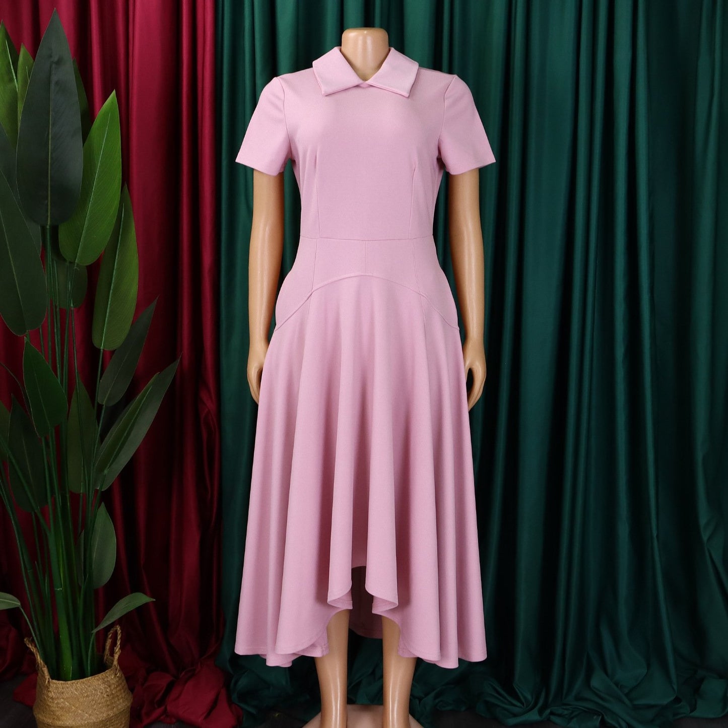 D514 Fashion Summer Party Dress Women Polo Collar Short Sleeve High Waist A- Line Dress Elegant African Women's Dress