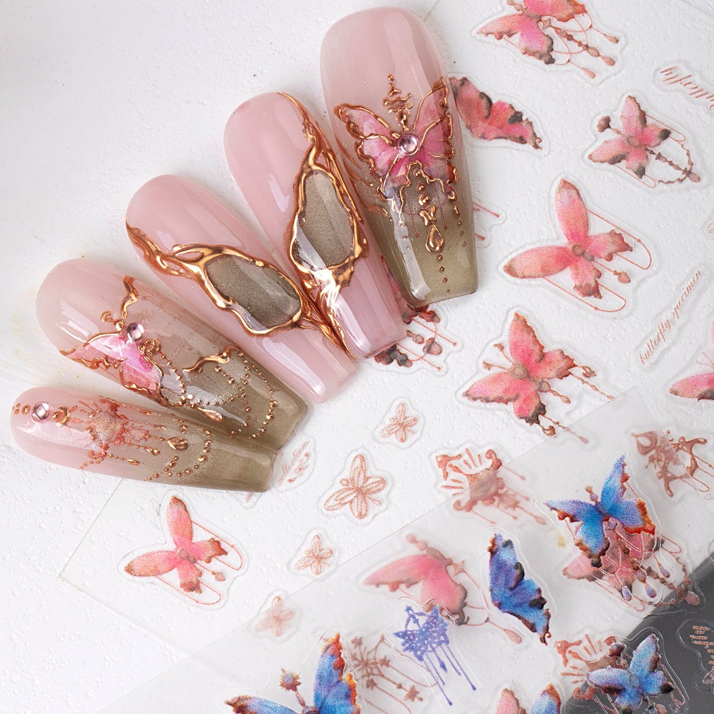 Honey Girl Hot Sell Adhesive Pink Blue Butterfly Nail Art 3D Decal Sticker