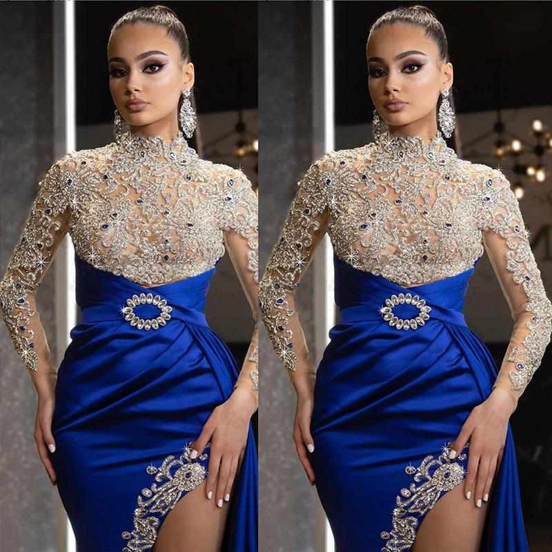 Valentine's Day 2024 Queen Dress Women Fashion Sexy Dress Blue Splash Gold Split Mosaic Half-turtleneck Evening Gown Abito Da Sera