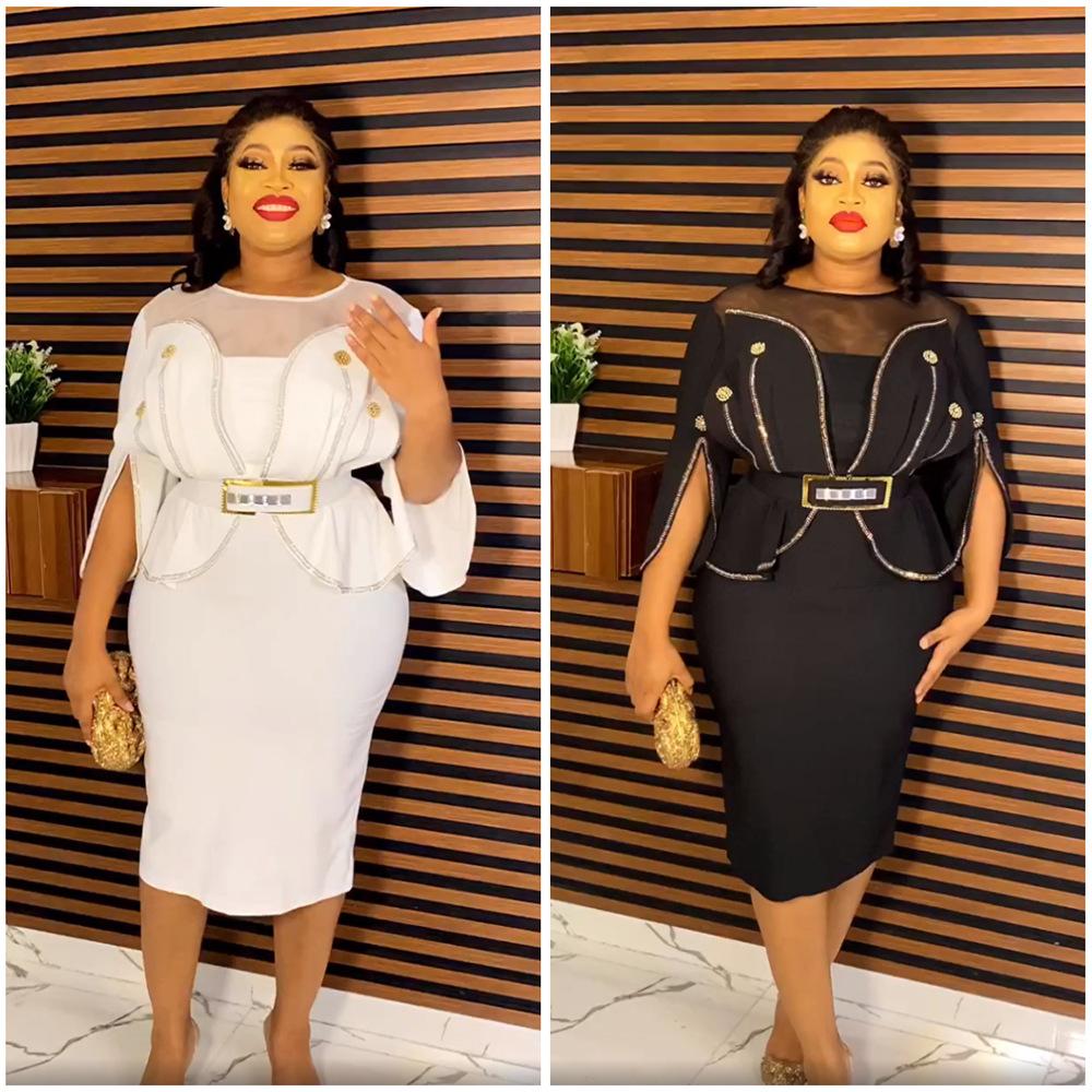 2023 African Mandarin Sleeve Dress Women Printed Dress With Belt Mother Plus Size Elegant Pleated Dress