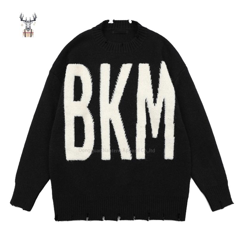 Custom Winter Knitted Casual Cashmere Wool Cotton Oversized Graphic Intarsia Pullover Crewneck Men's Sweater