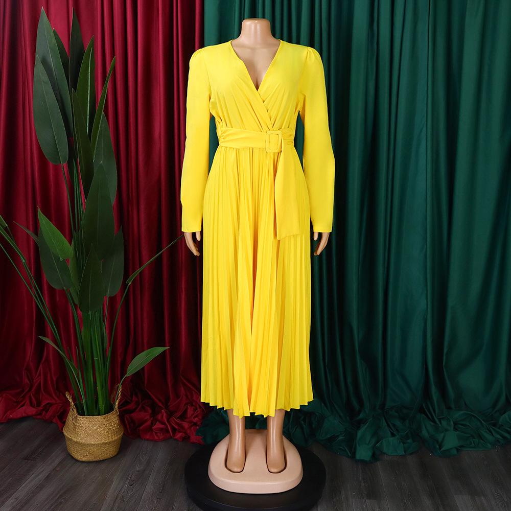 D419 Latest Design Ladies Office Dress Ladies Elegant Solid Color Long Sleeve Lace-up V-Neck Slim Pleated Skirt