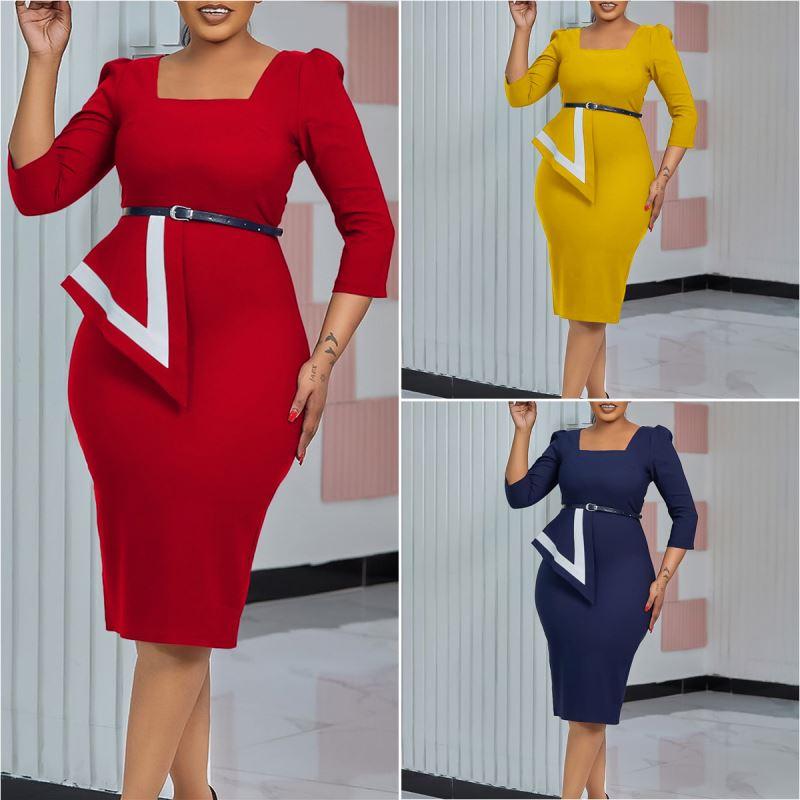 MG482 Fashion Elegant Ladies Office Dress Women Formal Work 3 Quarter Sleeve Square Collar Professional Dress Women Church Dress