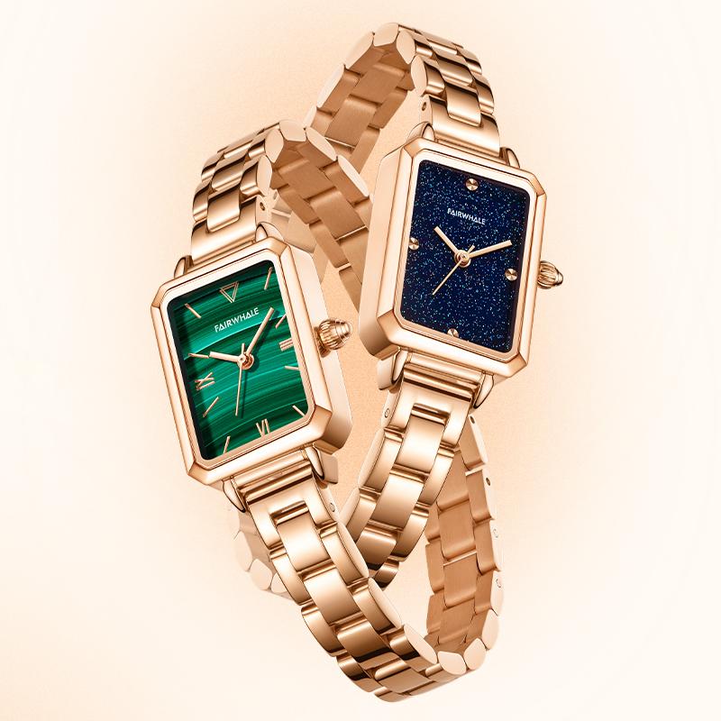 Brand Women's Watch Fashion Square Quartz Watch Bracelet Suit Green Or Blue Dial Simple Rose Gold Stainless Steel Luxury Watch