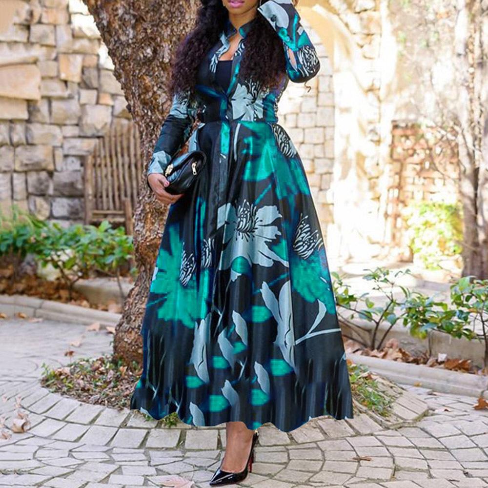 Spring Wholesale Women's Plus Size Dress Printed Long Sleeve Elegant Casual Dress Ruffled Maxi Dress